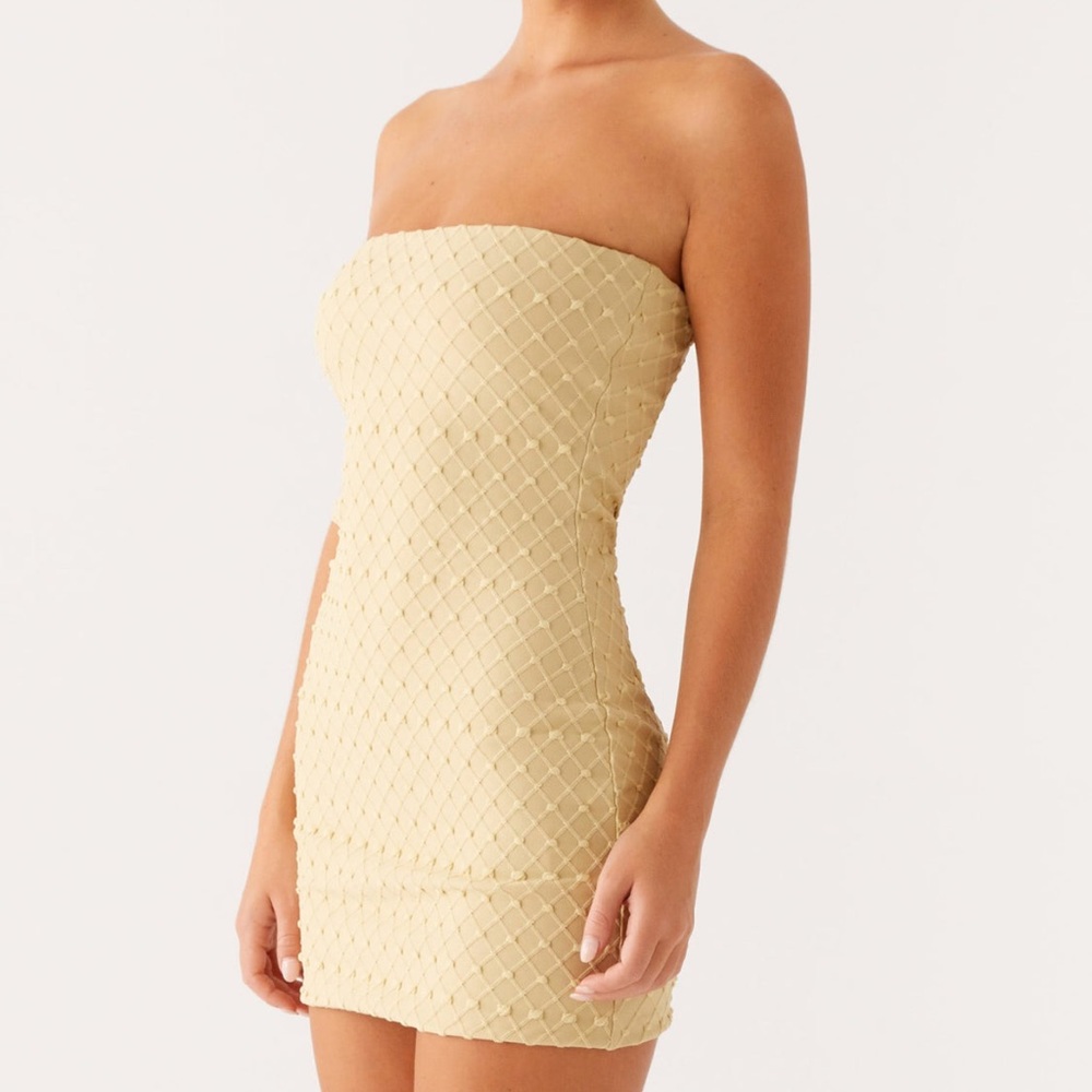 Peppermayo Strapless Woven Mini Dress in Pale Yellow